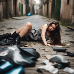 A stunning brunette model with very long wavy hair, eyes closed, lying on her back on the ground in a dirty cobblestone alley