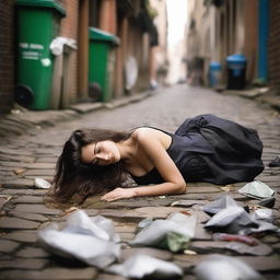 A stunning brunette model with very long wavy hair, eyes closed, lying on her back on the ground in a dirty cobblestone alley