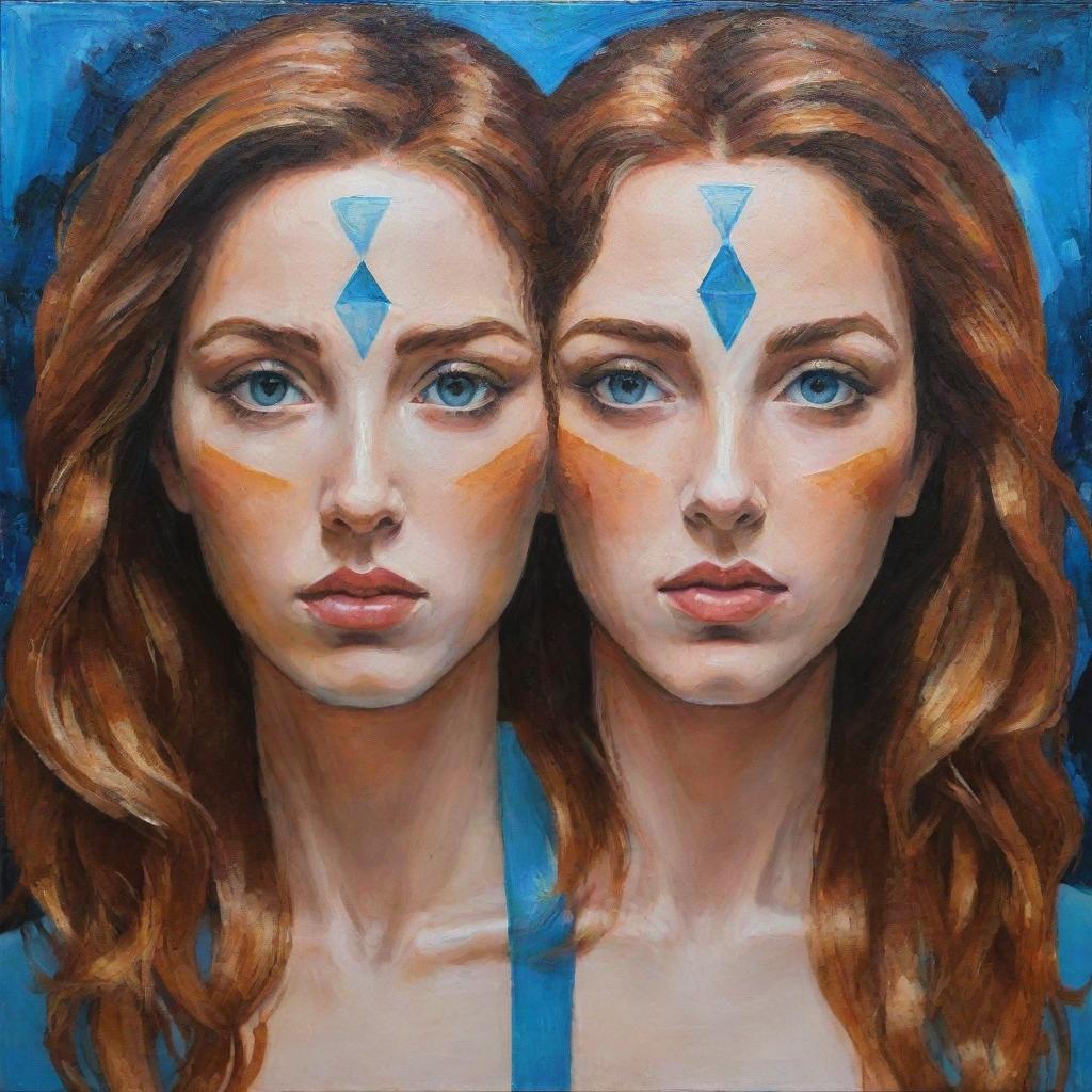 Create an acrylic portrait representing the Gemini zodiac sign, avoiding depictions of a face. Focus on using symbolic or abstract elements to reflect the essence of Gemini.