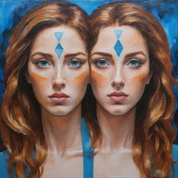 Create an acrylic portrait representing the Gemini zodiac sign, avoiding depictions of a face. Focus on using symbolic or abstract elements to reflect the essence of Gemini.