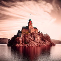 A majestic castle perched on a serene floating island in the midday sky