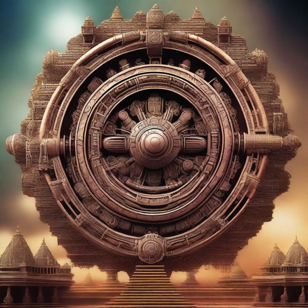 A stunning visual representation of advanced Indian ancient technology that goes beyond modern science concepts, intertwined with elements of Hindu mythology