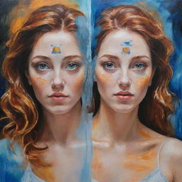 Create an acrylic portrait representing the Gemini zodiac sign, avoiding depictions of a face. Focus on using symbolic or abstract elements to reflect the essence of Gemini.