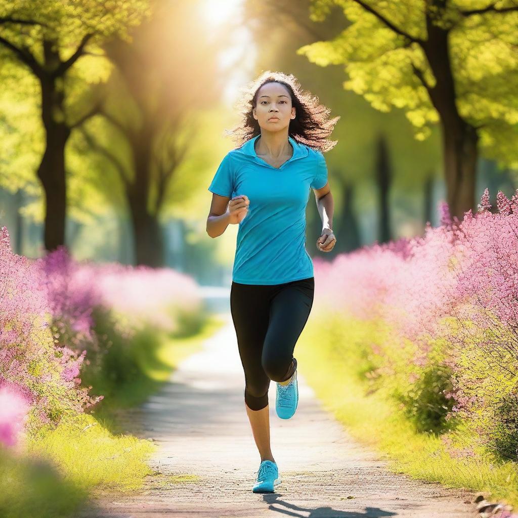 A dynamic and energetic scene of a person running through a vibrant park, with trees and flowers in full bloom