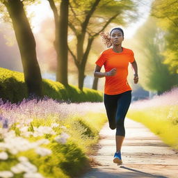 A dynamic and energetic scene of a person running through a vibrant park, with trees and flowers in full bloom