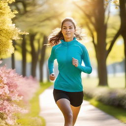 A dynamic and energetic scene of a person running through a vibrant park, with trees and flowers in full bloom