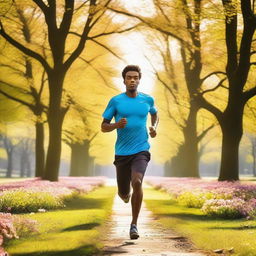 A dynamic and energetic scene of a person running through a vibrant park, with trees and flowers in full bloom