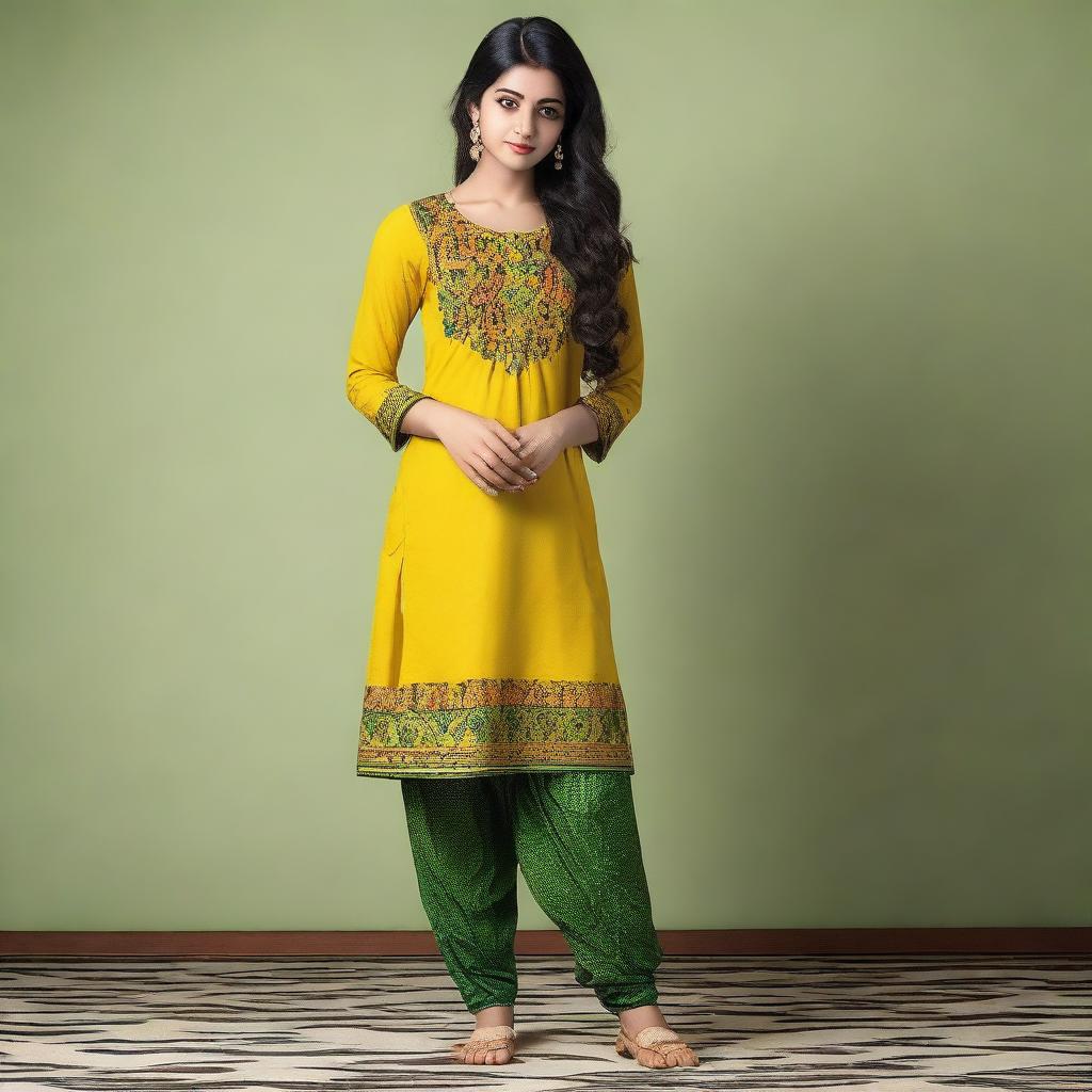 An Indian girl wearing a stitched flower-patterned cotton salwar in yellow and green colors