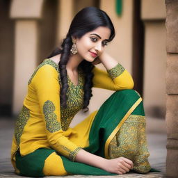 An Indian girl wearing a stitched flower-patterned cotton salwar in yellow and green colors