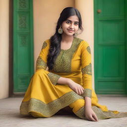 An Indian girl wearing a stitched flower-patterned cotton salwar in yellow and green colors