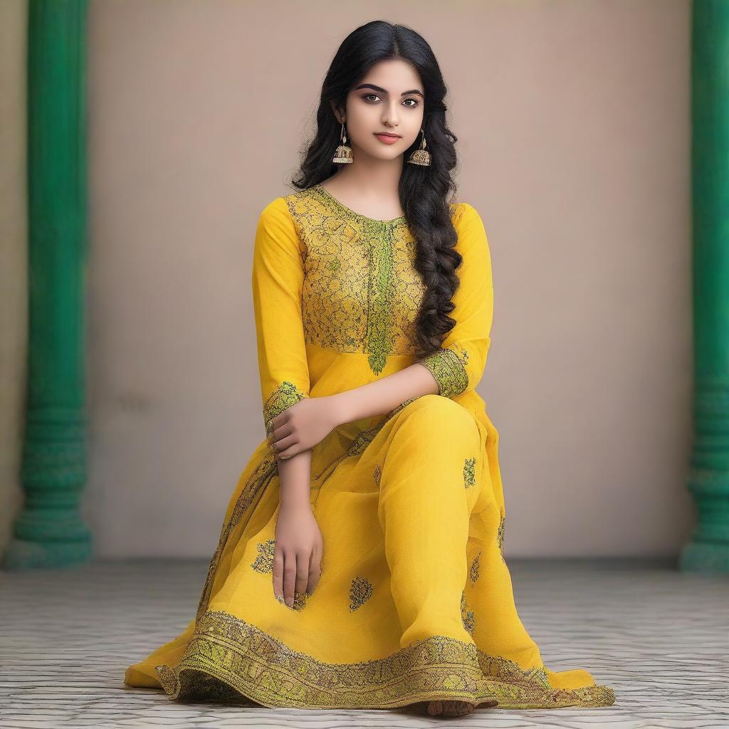 An Indian girl wearing a stitched flower-patterned cotton salwar in yellow and green colors