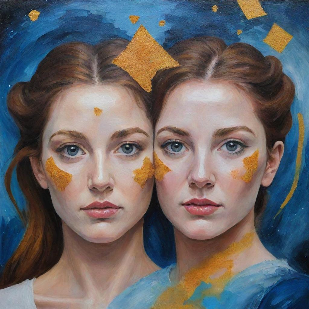 Create an acrylic portrait representing the Gemini zodiac sign, avoiding depictions of a face. Focus on using symbolic or abstract elements to reflect the essence of Gemini.