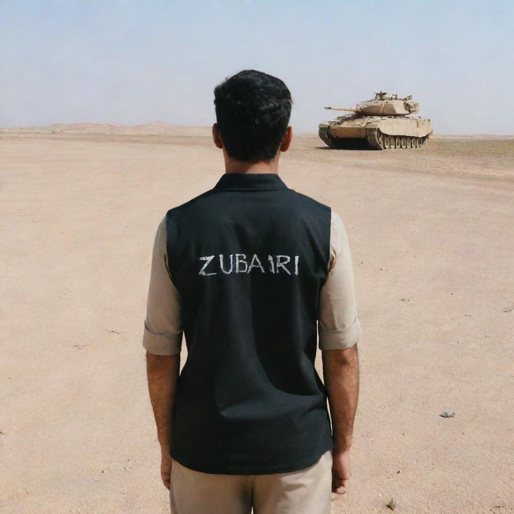 A Pakistani army officer, standing in a desert landscape in front of an Al-Zarrar tank. He is wearing a black uniform, facing away from the camera, revealing the name 'Zubair' written on the back of his shirt.