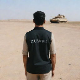 A Pakistani army officer, standing in a desert landscape in front of an Al-Zarrar tank. He is wearing a black uniform, facing away from the camera, revealing the name 'Zubair' written on the back of his shirt.