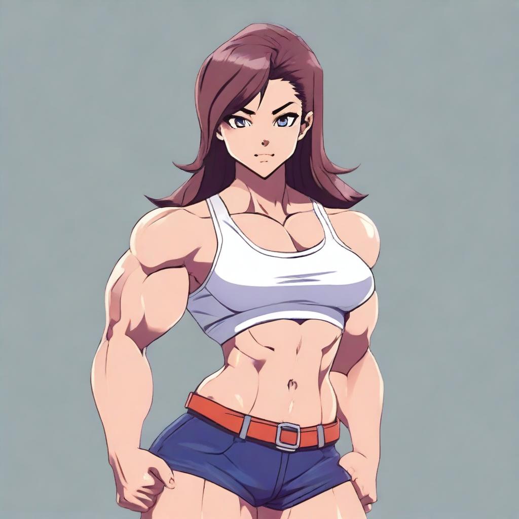 A muscular waifu character with a strong and athletic build, showcasing defined muscles and a confident pose