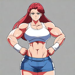 A muscular waifu character with a strong and athletic build, showcasing defined muscles and a confident pose