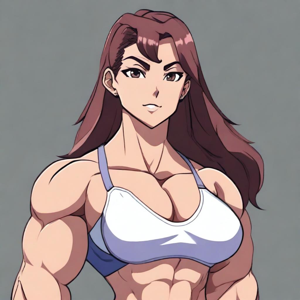 A muscular waifu character with a strong and athletic build, showcasing defined muscles and a confident pose