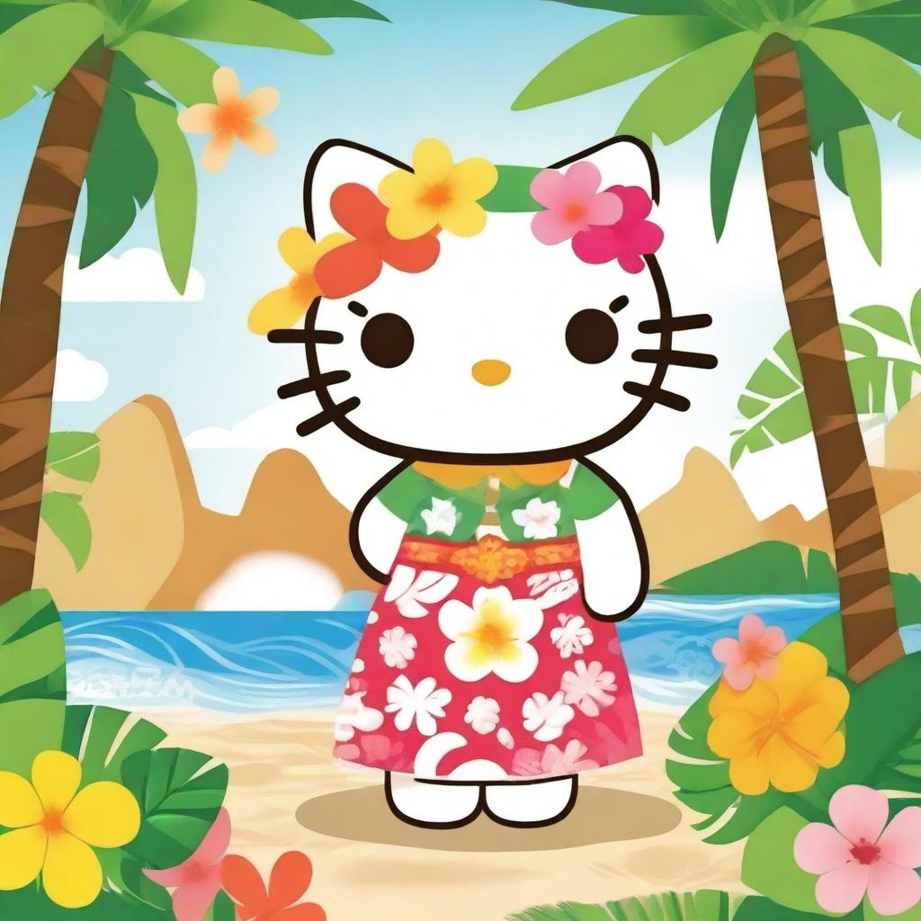 A Hello Kitty character dressed in Polynesian-inspired attire, featuring traditional patterns and accessories like a flower lei and a grass skirt