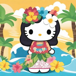 A Hello Kitty character dressed in Polynesian-inspired attire, featuring traditional patterns and accessories like a flower lei and a grass skirt