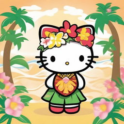 A Hello Kitty character dressed in Polynesian-inspired attire, featuring traditional patterns and accessories like a flower lei and a grass skirt