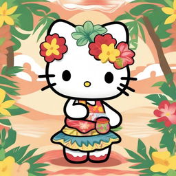 A Hello Kitty character dressed in Polynesian-inspired attire, featuring traditional patterns and accessories like a flower lei and a grass skirt