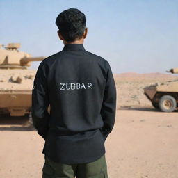 A Pakistani army officer, standing in a desert landscape in front of an Al-Zarrar tank. He is wearing a black uniform, facing away from the camera, revealing the name 'Zubair' written on the back of his shirt.