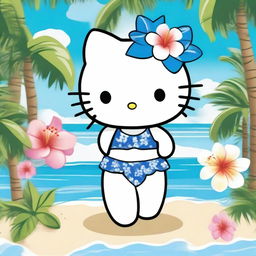 Hello Kitty wearing a two-piece bikini with a blue hibiscus floral design