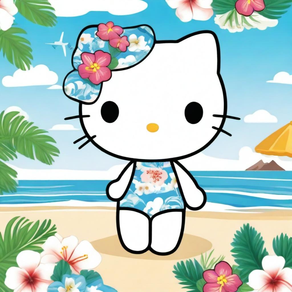 Hello Kitty wearing a two-piece bikini with a blue hibiscus floral design