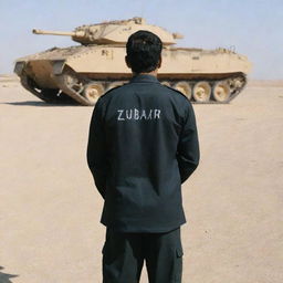 A Pakistani army officer, standing in a desert landscape in front of an Al-Zarrar tank. He is wearing a black uniform, facing away from the camera, revealing the name 'Zubair' written on the back of his shirt.