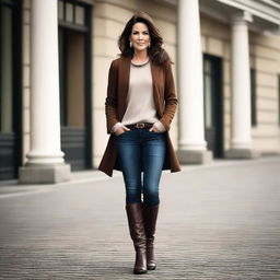 A beautiful woman in her mid-40s with a perfect body, brunette hair pulled up stylishly, and wearing fashionable boots