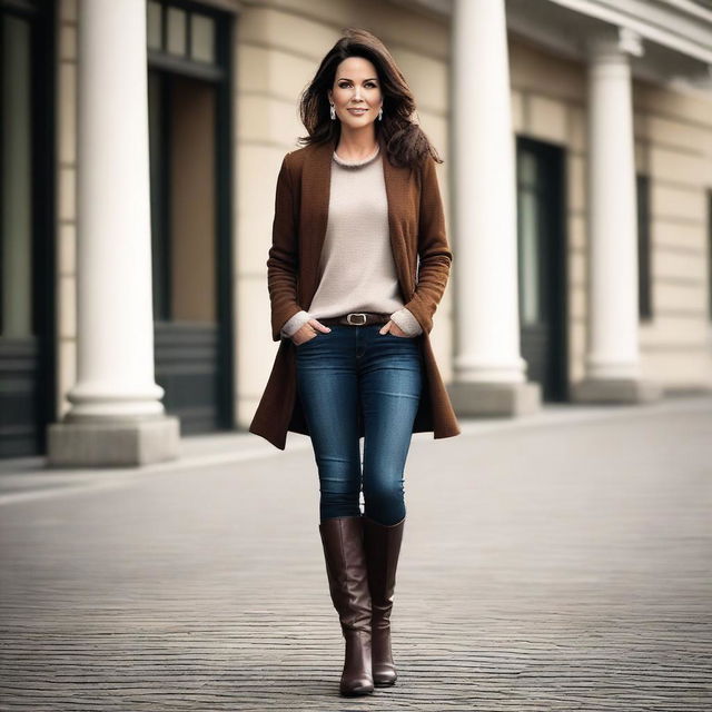 A beautiful woman in her mid-40s with a perfect body, brunette hair pulled up stylishly, and wearing fashionable boots