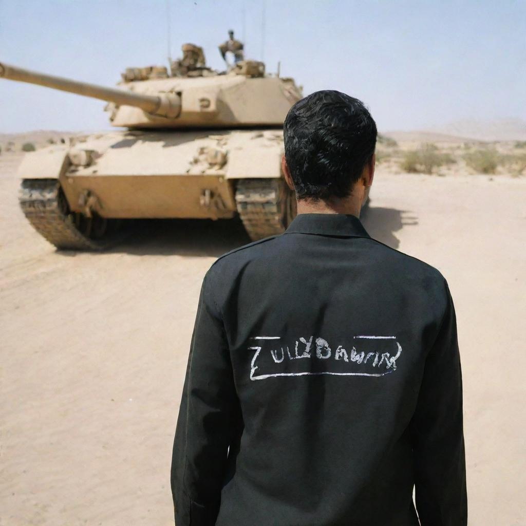 A Pakistani army officer, standing in a desert landscape in front of an Al-Zarrar tank. He is wearing a black uniform, facing away from the camera, revealing the name 'Zubair' written on the back of his shirt.