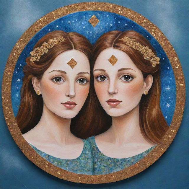 Design an acrylic portrait representing the Gemini zodiac sign without the inclusion of a human face. Use symbolic elements related to Gemini to craft a compelling and meaningful piece.