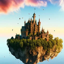 A majestic castle perched on a serene floating island in the midday sky