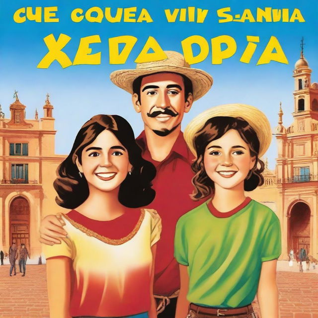 A movie poster titled '¡Que Viva España!' featuring three friends, two boys and one girl, traveling through Spain with their final destination being Seville