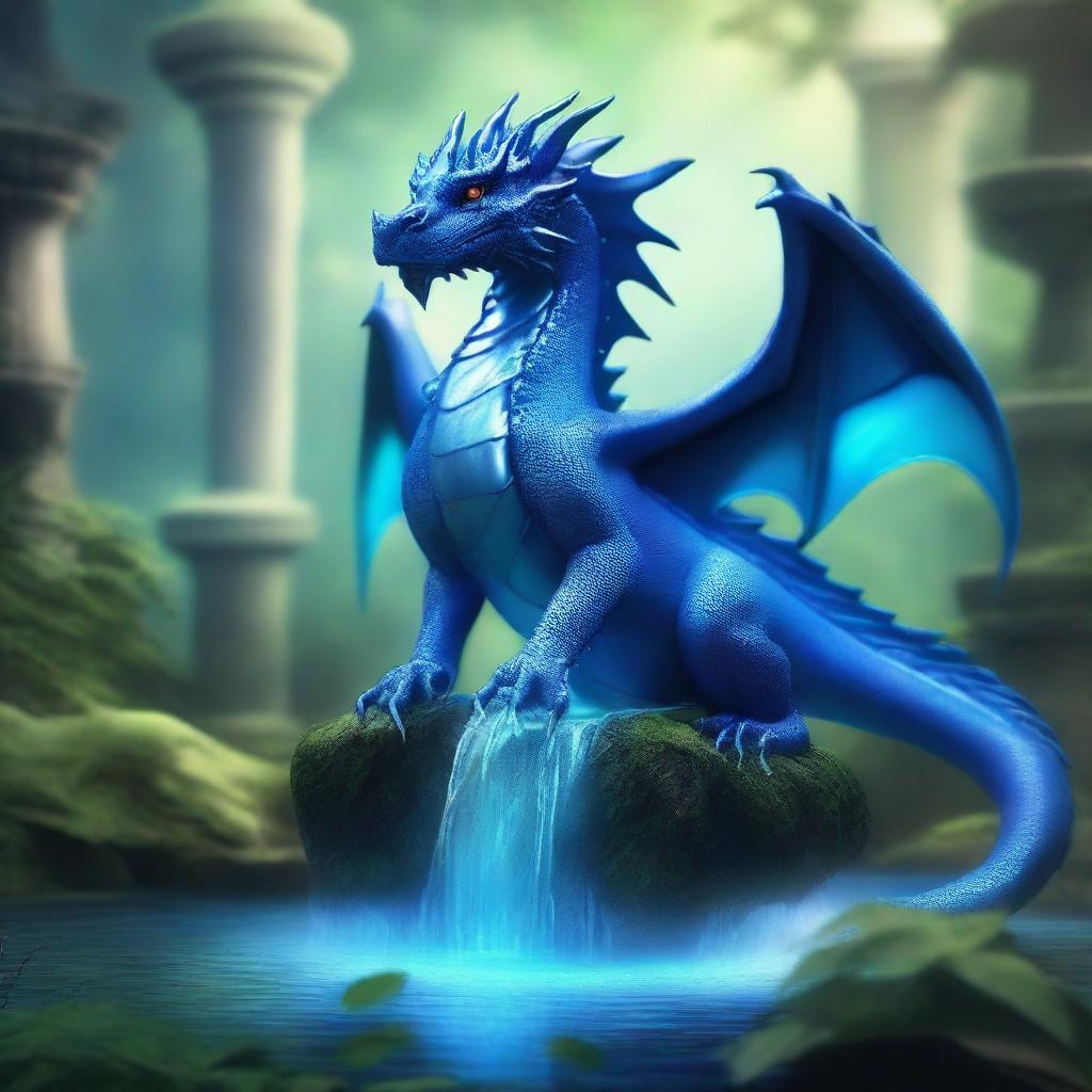 A majestic blue dragon standing beside a magical fountain in a mystical forest