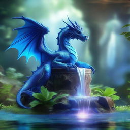 A majestic blue dragon standing beside a magical fountain in a mystical forest