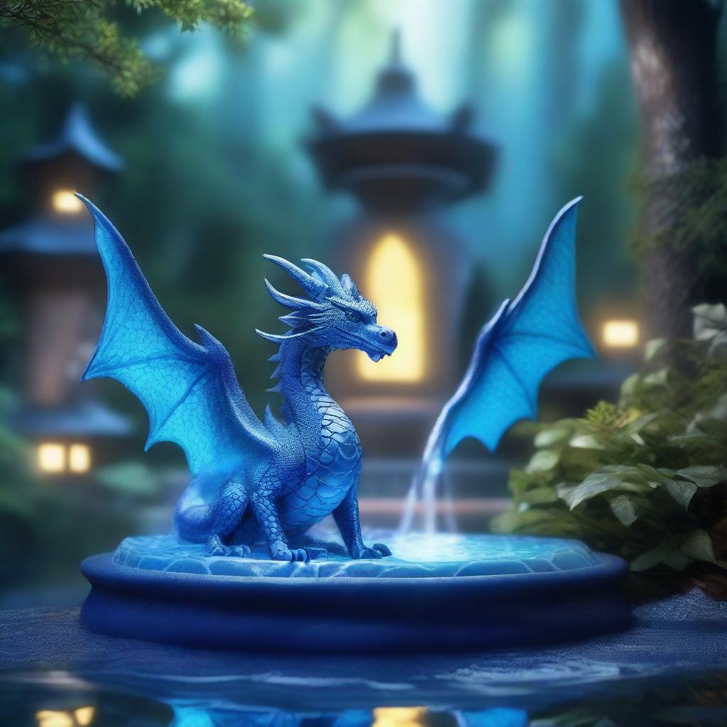 A majestic blue dragon standing beside a magical fountain in a mystical forest