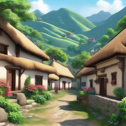 A picturesque village within a kingdom, surrounded by rolling hills and lush greenery