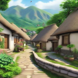 A picturesque village within a kingdom, surrounded by rolling hills and lush greenery