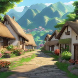 A picturesque village within a kingdom, surrounded by rolling hills and lush greenery