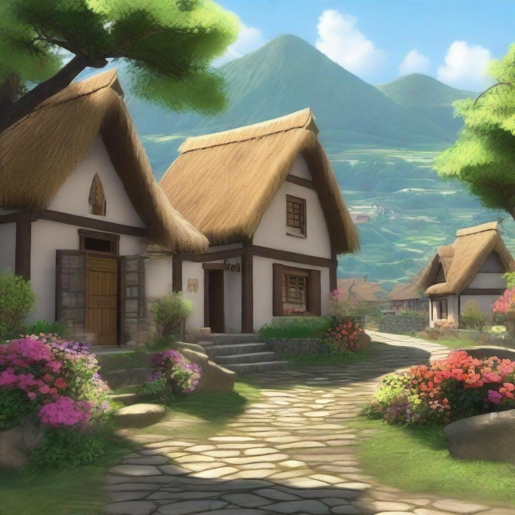 A picturesque village within a kingdom, surrounded by rolling hills and lush greenery