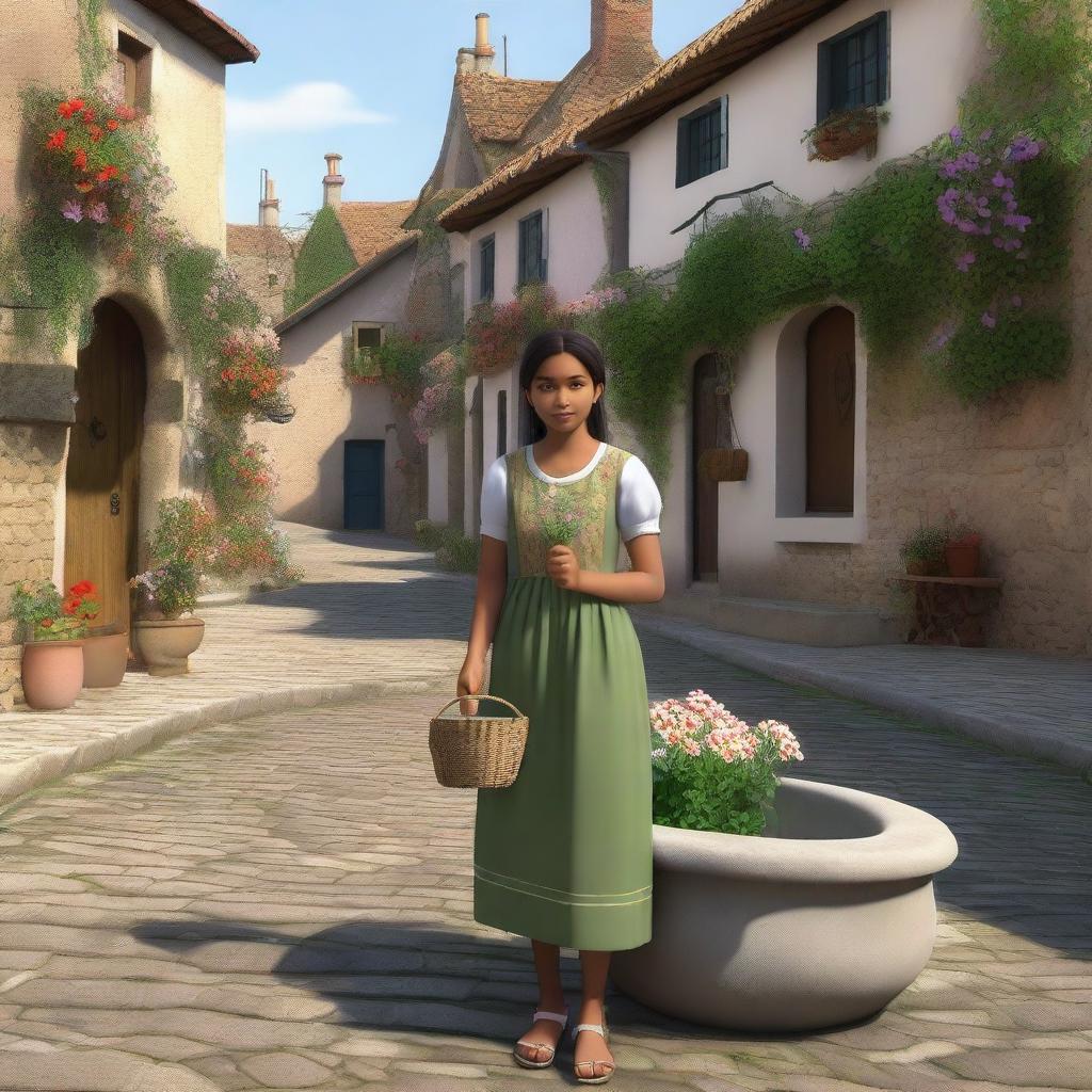 A young village girl standing by a stone fountain in the center of a quaint village