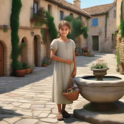 A young village girl standing by a stone fountain in the center of a quaint village