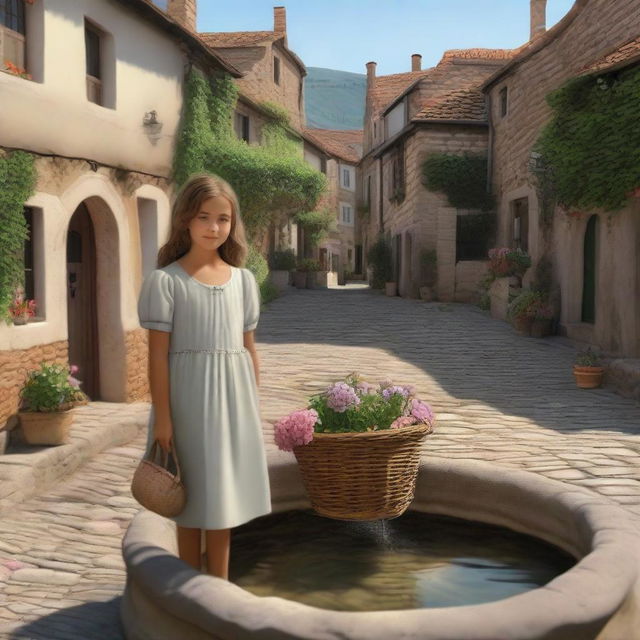 A young village girl standing by a stone fountain in the center of a quaint village