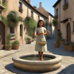 A young village girl standing by a stone fountain in the center of a quaint village