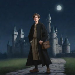 Disney-style illustration of a teenage boy dressed in a medieval long coat, a cloth shoulder bag, and a haunted castle in the background under a dark night sky.