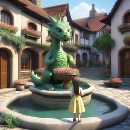 A young village girl standing by a majestic dragon-shaped fountain in the center of a quaint village