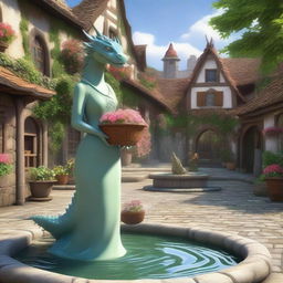 A young village girl standing by a majestic dragon-shaped fountain in the center of a quaint village