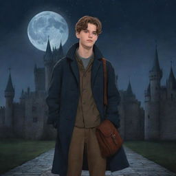 Disney-style illustration of a teenage boy dressed in a medieval long coat, a cloth shoulder bag, and a haunted castle in the background under a dark night sky.